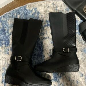 ANDREA FENZI Black Mid-Calf Wedge Boots with Buckle Detail